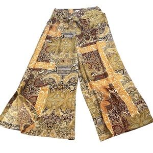 easel Wide Leg Patchwork Print Pants in Mustard, Brown & Cream